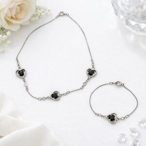 Vintage Silver Tone Heart Pendant Necklace and Bracelet Set Black Stone Accent